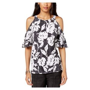 INC Black and White Floral Cold Shoulder Top Size M.